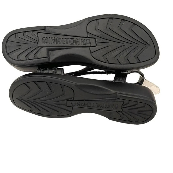 Minnetonka Open Toe Leather Sandal Size 8 Black Comfort 799972 - Picture 2 of 8